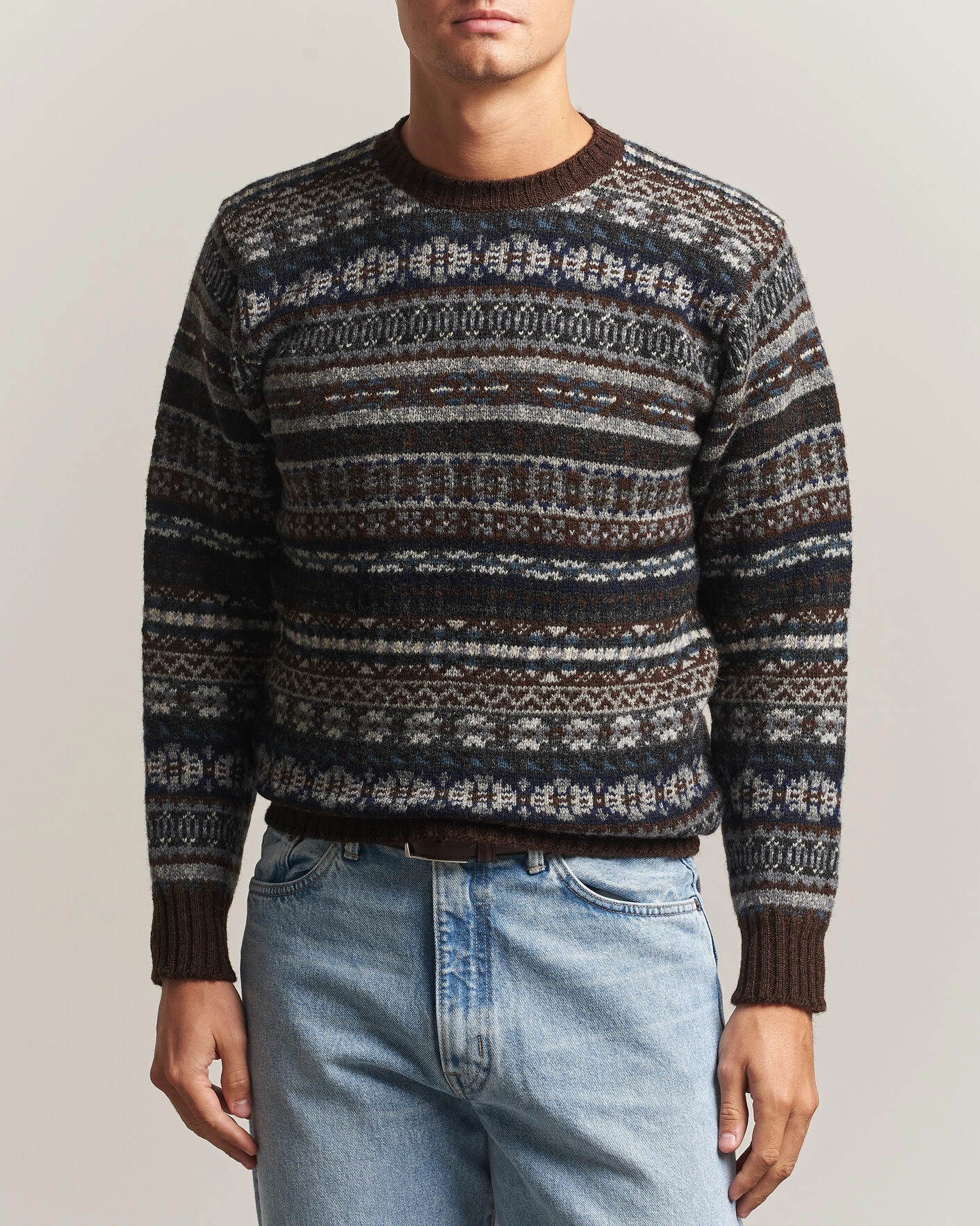 Herr | Tröjor | Jamieson's of Shetland | Jamiesons Of Shetland All Over Fair Isle Pullover Crew Neck Brown