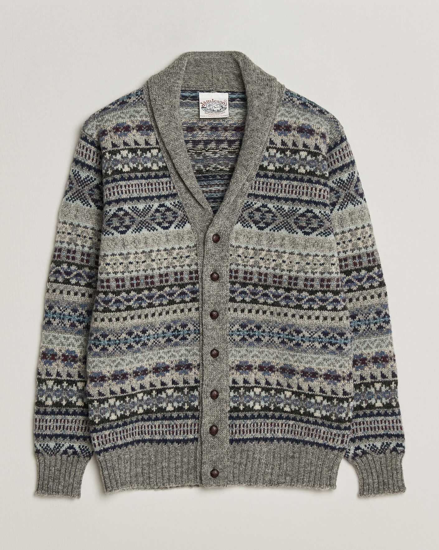 Herr | Tröjor | Jamieson's of Shetland | Jamiesons Of Shetland All Over Fair Isle Shawl Collar Cardigan Grey