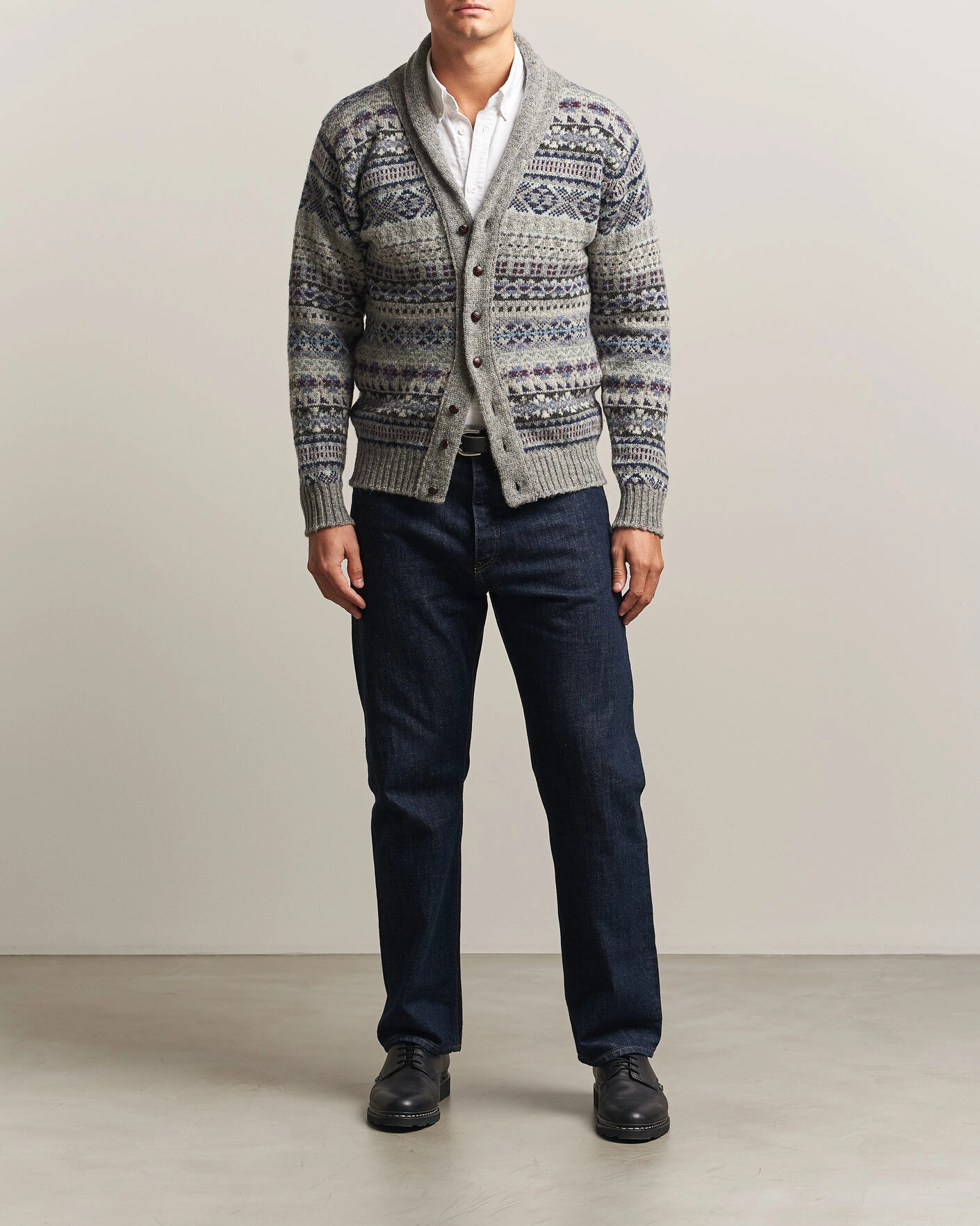 Herr | Tröjor | Jamieson's of Shetland | Jamiesons Of Shetland All Over Fair Isle Shawl Collar Cardigan Grey