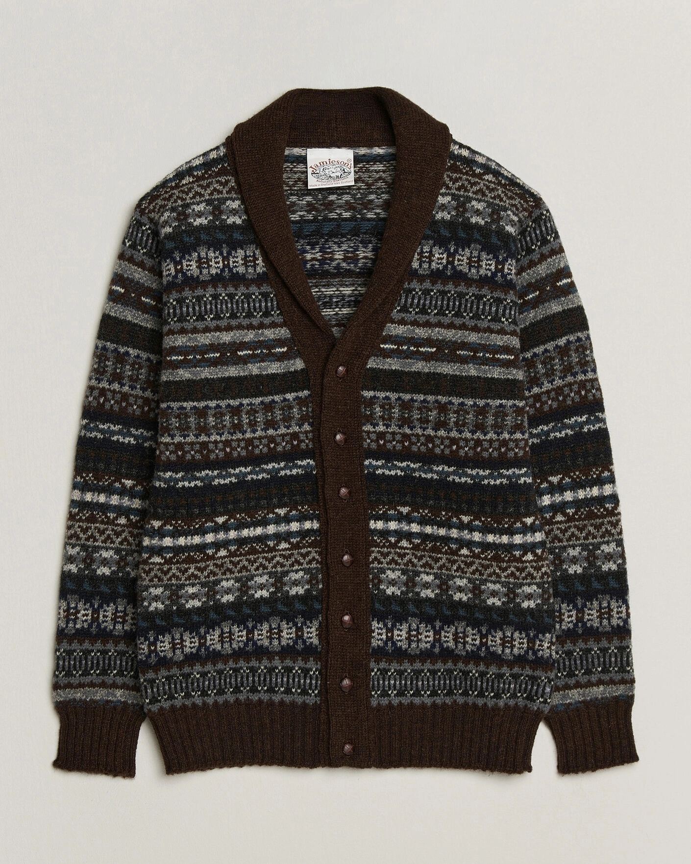 Herr | Tröjor | Jamieson's of Shetland | Jamiesons Of Shetland All Over Fair Isle Shawl Collar Cardigan Brown