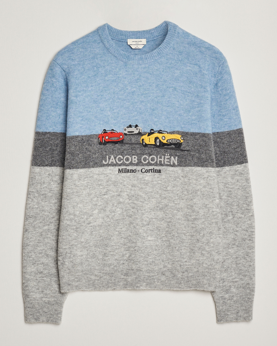 Herr | Tröjor | Jacob Cohën | Embroidery Knitted Milano-Cortina Crew Neck Grey/Blue