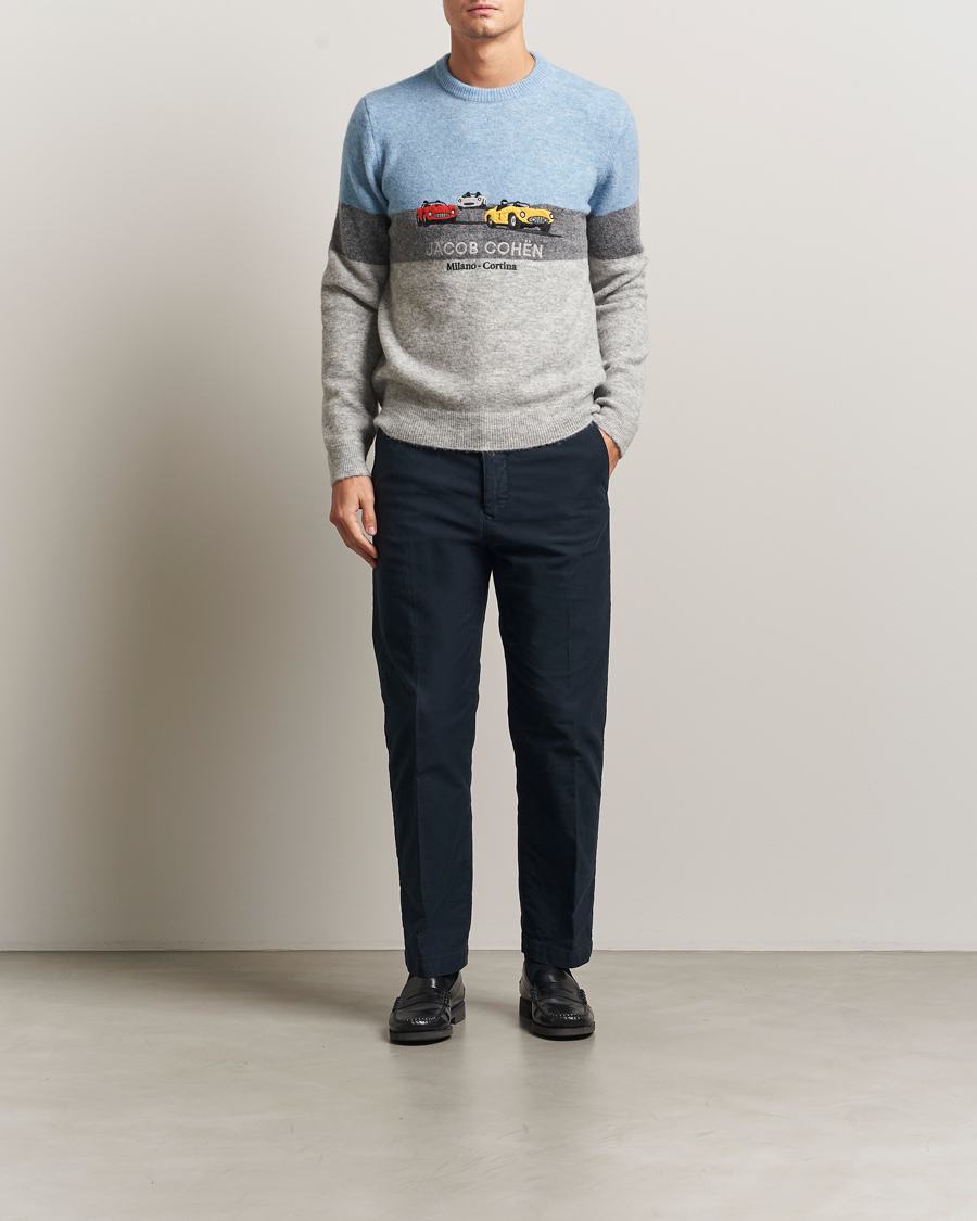Herr | Tröjor | Jacob Cohën | Embroidery Knitted Milano-Cortina Crew Neck Grey/Blue