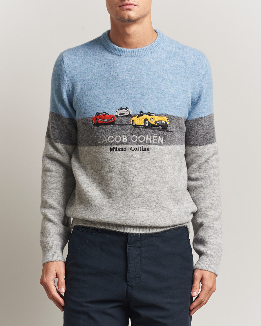 Herr | Tröjor | Jacob Cohën | Embroidery Knitted Milano-Cortina Crew Neck Grey/Blue