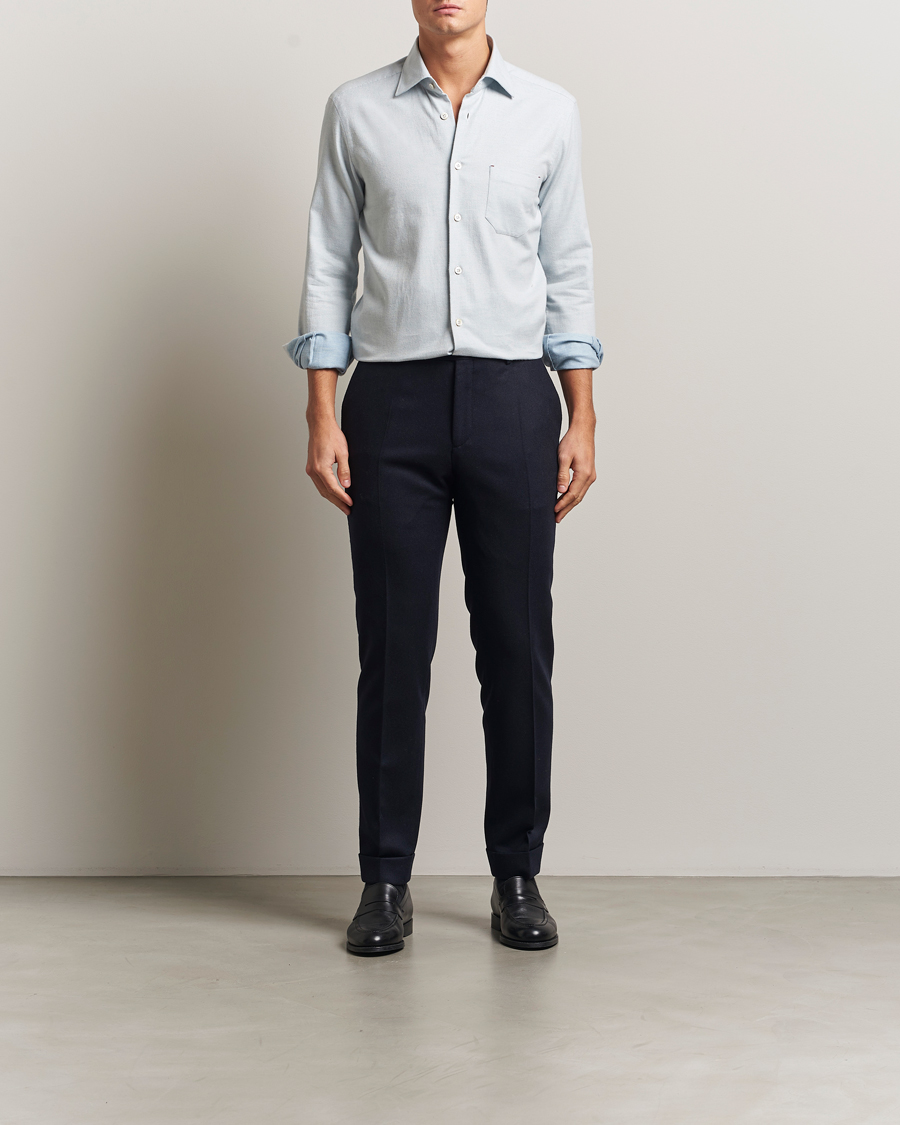 Herr | Skjortor | Kiton | Cotton Flannel Sport Shirt Light Blue