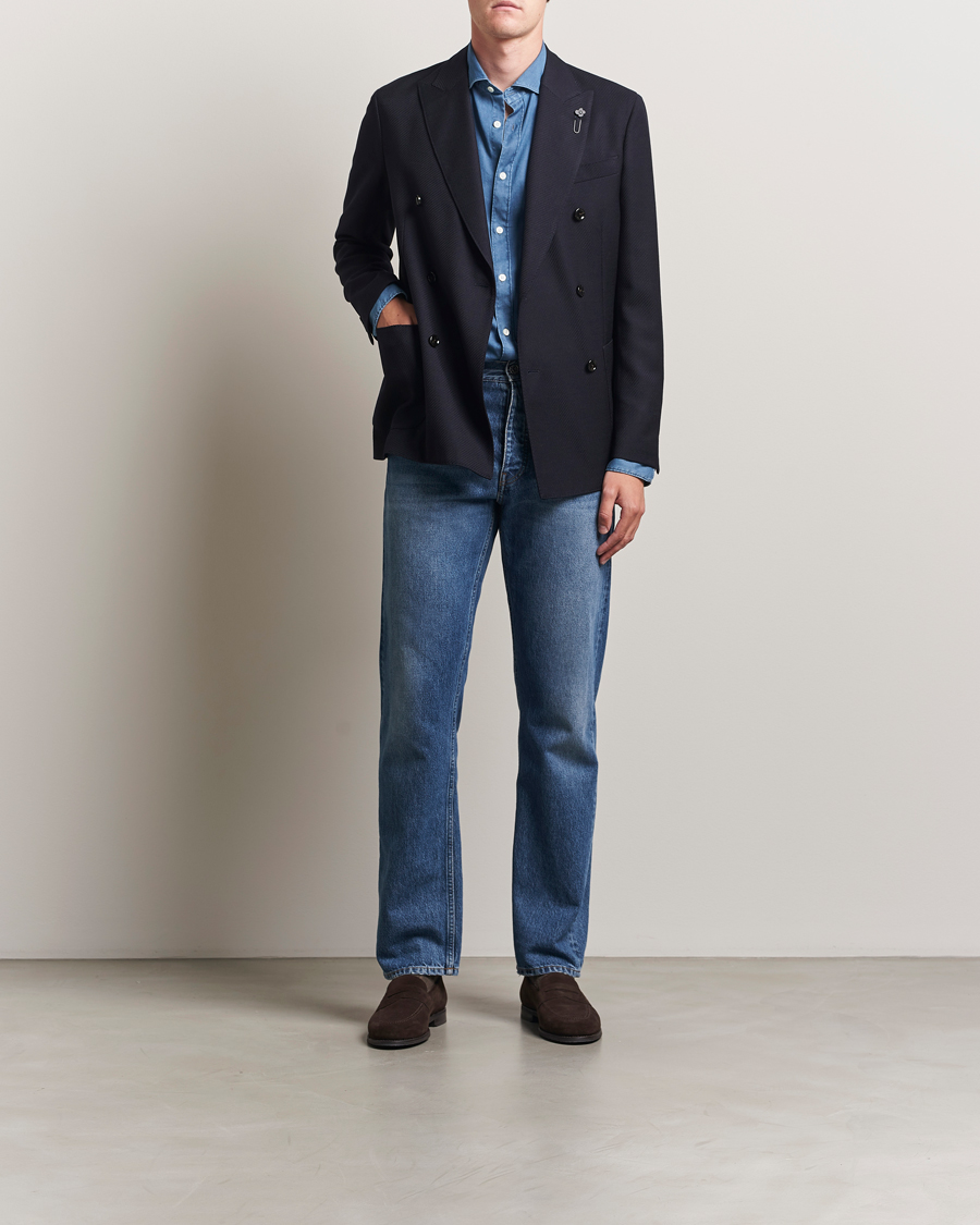 Herr | Kavajer | Lardini | Double Breasted Twisted Wool Blazer Navy