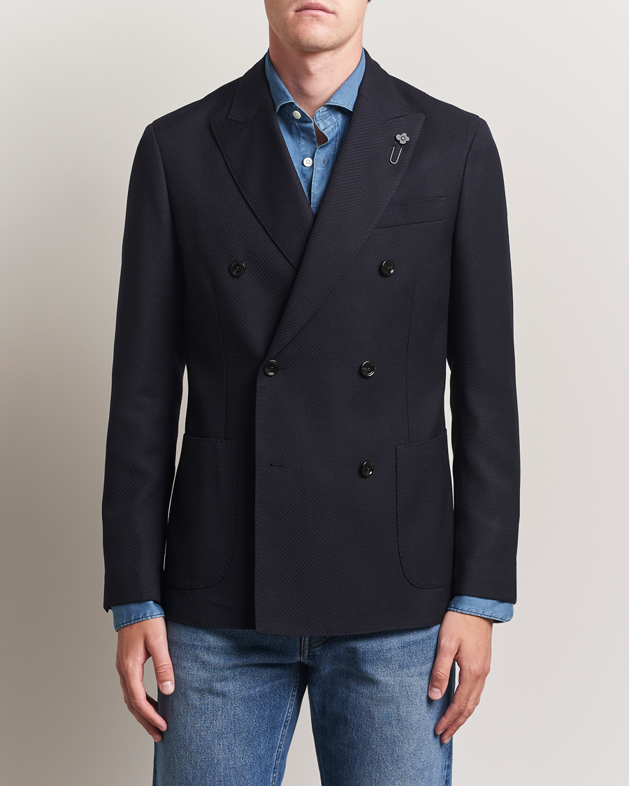 Herr | Kavajer | Lardini | Double Breasted Twisted Wool Blazer Navy
