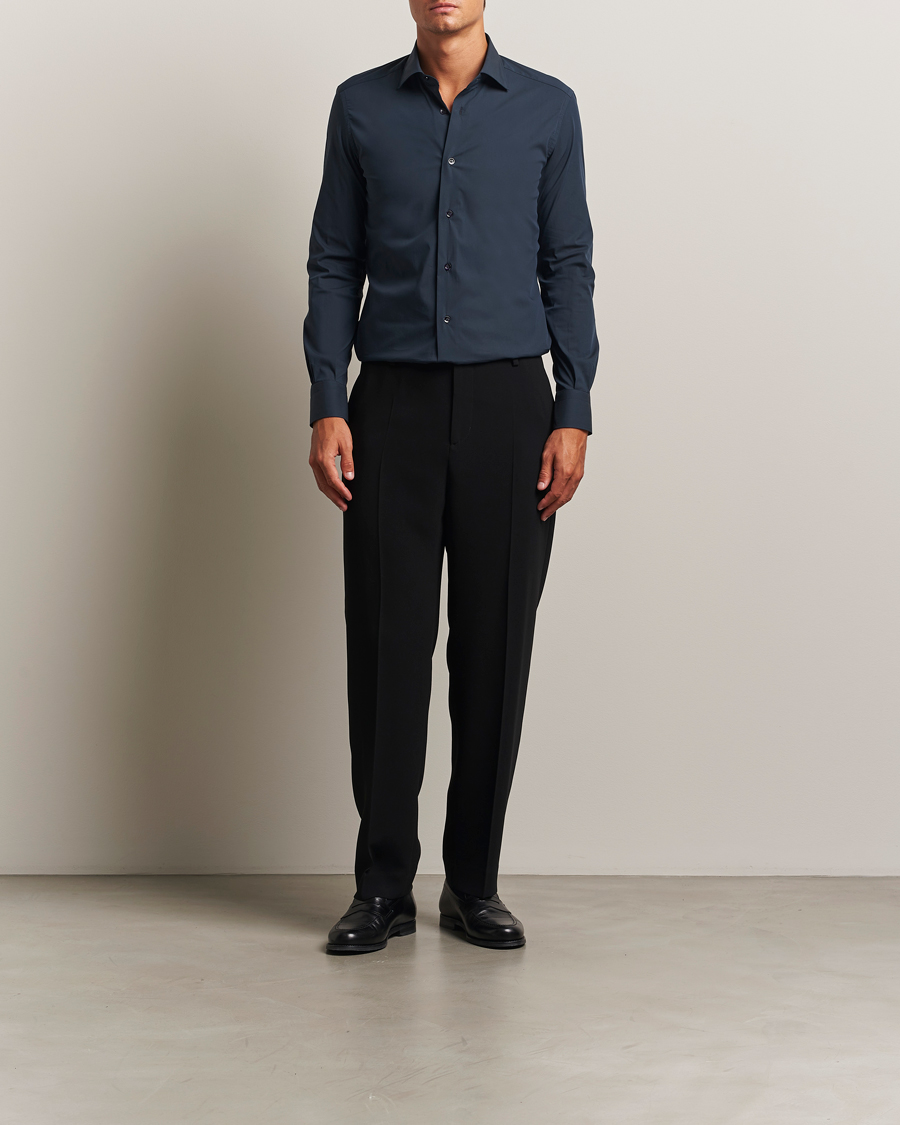 Herr | Skjortor | Mazzarelli | Soft Cotton/Stretch Cut Away Shirt Navy