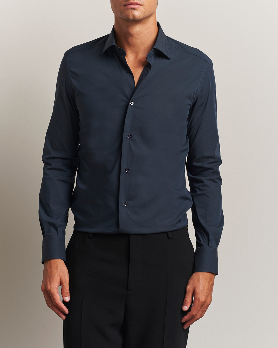 Herr | Skjortor | Mazzarelli | Soft Cotton/Stretch Cut Away Shirt Navy
