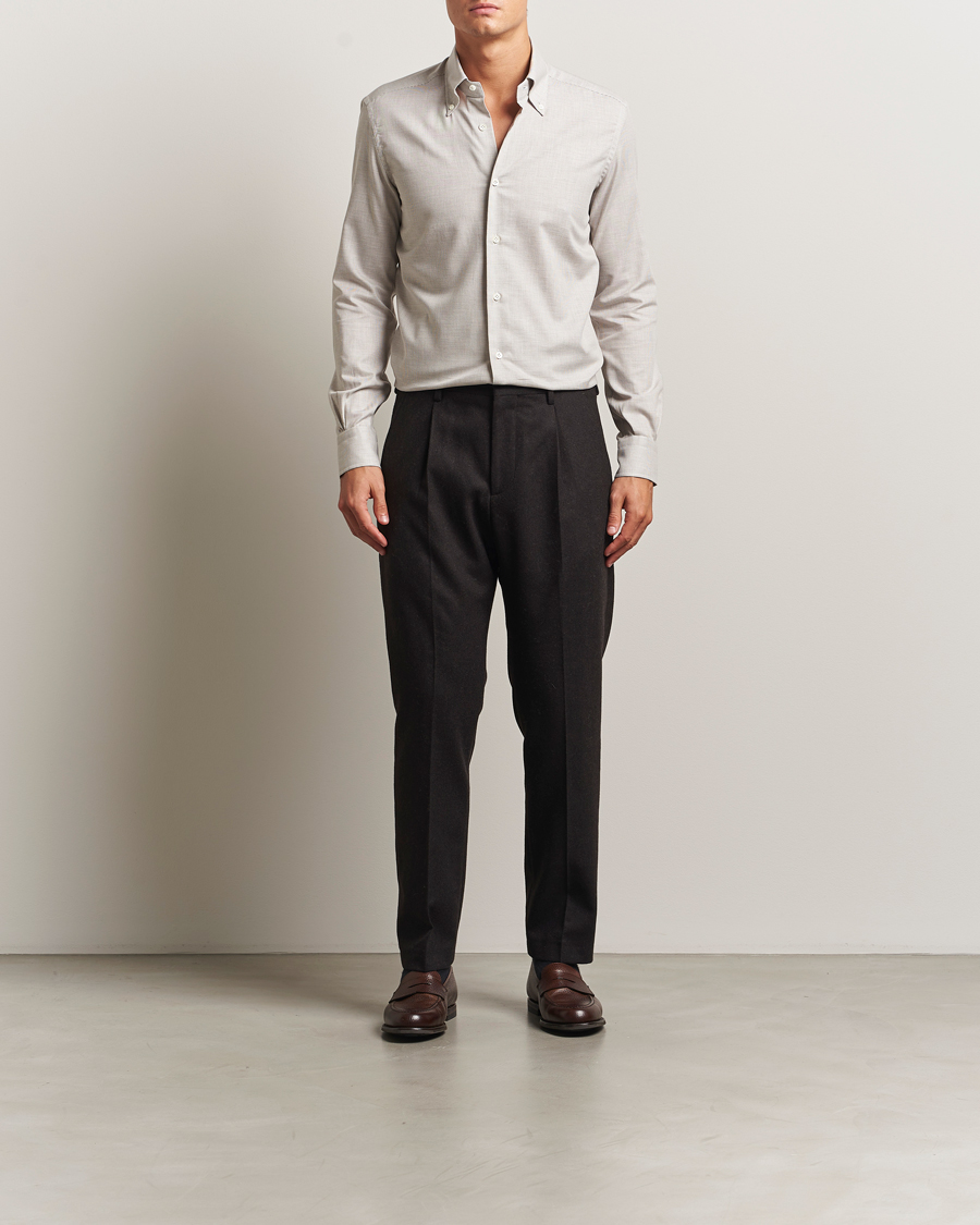 Herr | Skjortor | Mazzarelli | Soft Flannel Button Down Shirt Beige
