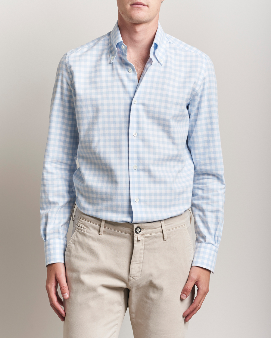 Herr | Skjortor | Mazzarelli | Soft Flannel Button Down Shirt Light Blue Check