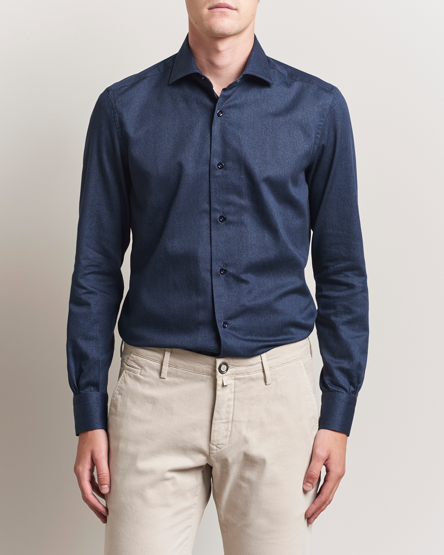 Herr | Skjortor | Mazzarelli | Soft Flannel Cut Away Shirt Navy