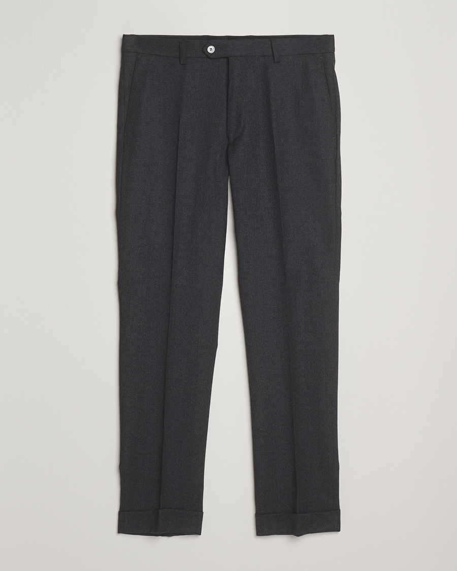 Herr | Byxor | Oscar Jacobson | Dandy Turn Up Flannel Trousers Charcoal