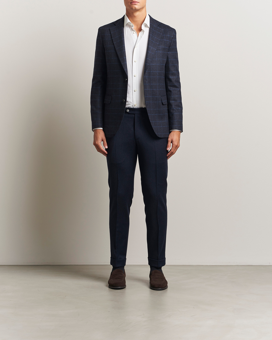 Herr | Byxor | Oscar Jacobson | Dandy Turn Up Flannel Trousers Navy