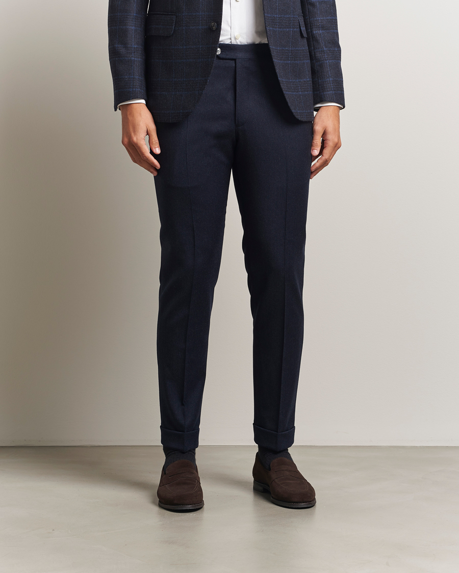 Herr | Byxor | Oscar Jacobson | Dandy Turn Up Flannel Trousers Navy
