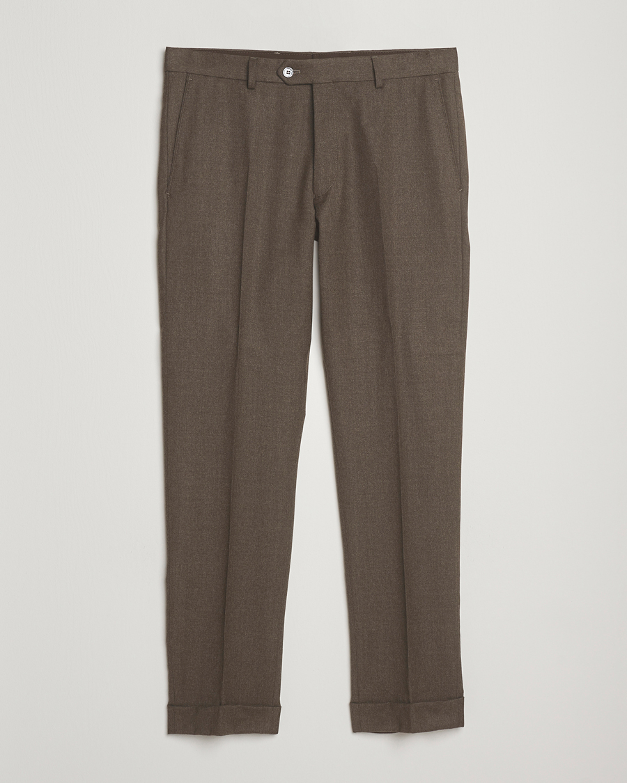 Herr | Byxor | Oscar Jacobson | Dandy Turn Up Flannel Trousers Brown