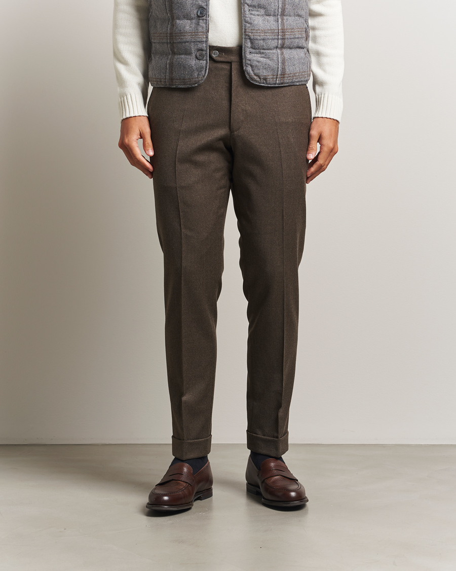 Herr | Byxor | Oscar Jacobson | Dandy Turn Up Flannel Trousers Brown