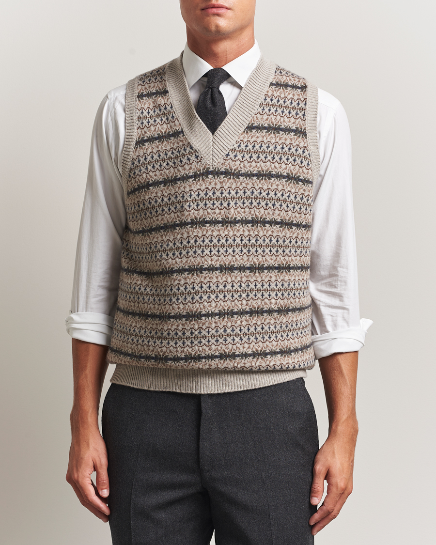 Herr | Tröjor | Oscar Jacobson | Lucas Fair Isle Wool/Cashmere Vest Beige