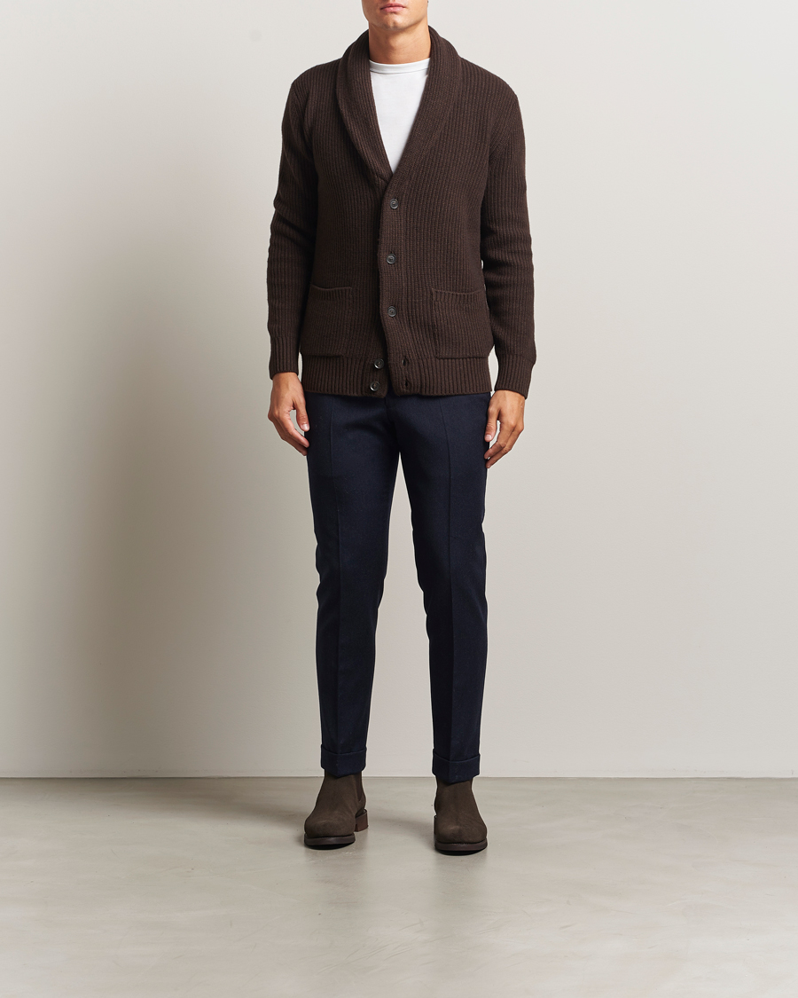 Herr | Tröjor | Oscar Jacobson | Roland Wool Cardigan Dark Brown