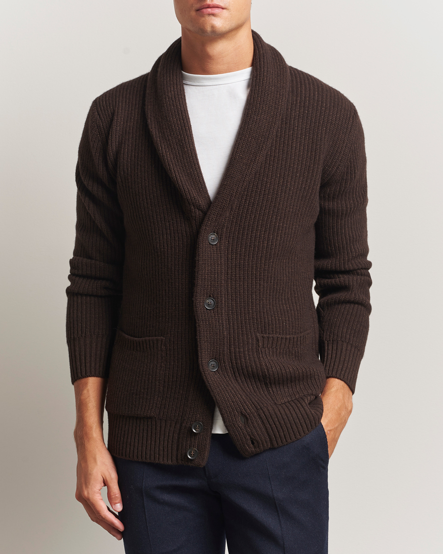 Herr | Tröjor | Oscar Jacobson | Roland Wool Cardigan Dark Brown