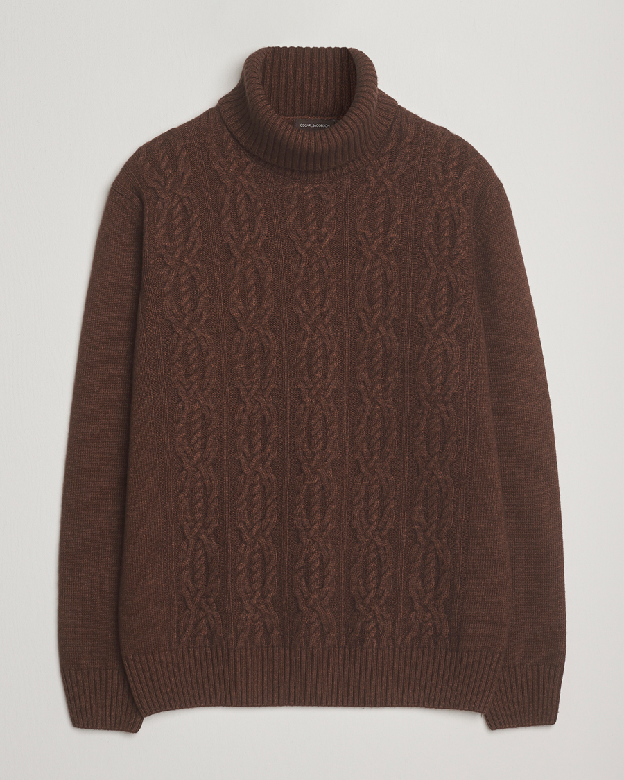 Herr | Tröjor | Oscar Jacobson | Heavy Knitted Wool/Cashmere Cable Polo Golden Brown