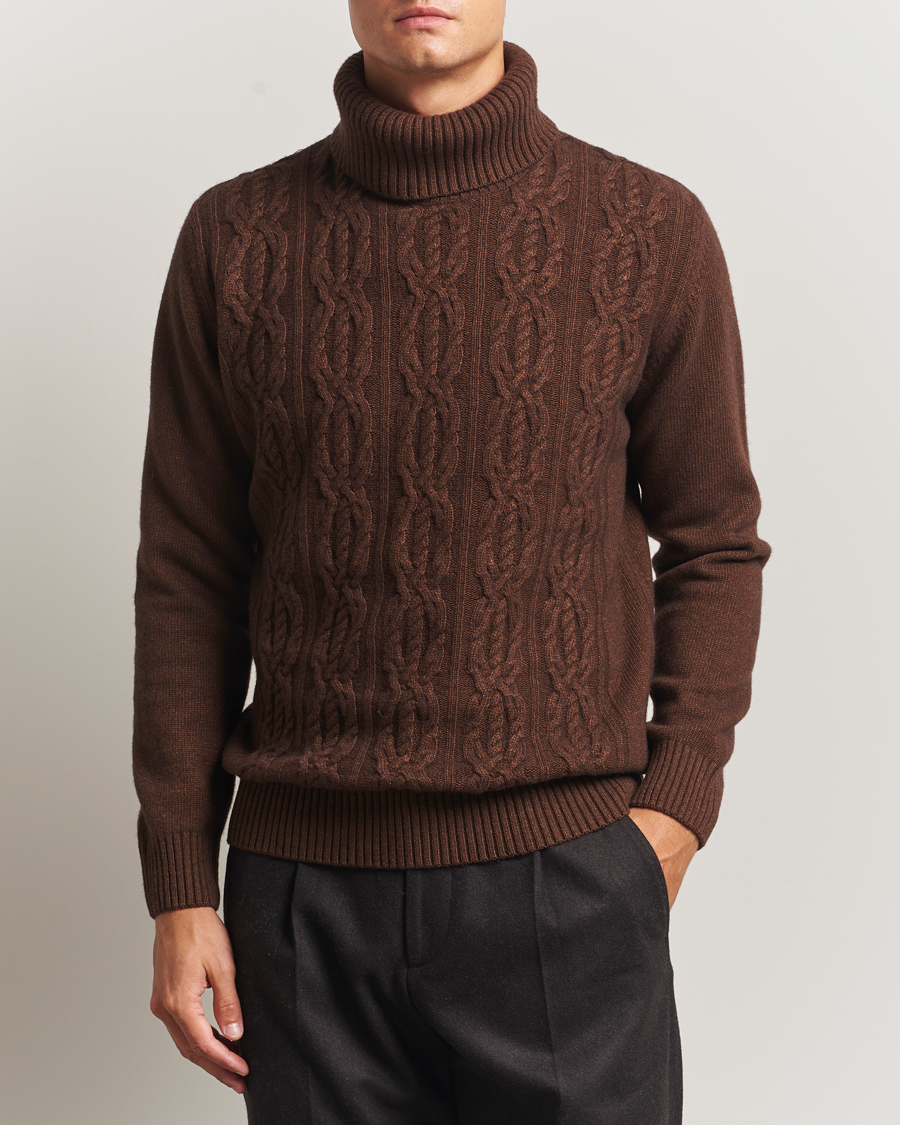 Herr | Tröjor | Oscar Jacobson | Heavy Knitted Wool/Cashmere Cable Polo Golden Brown