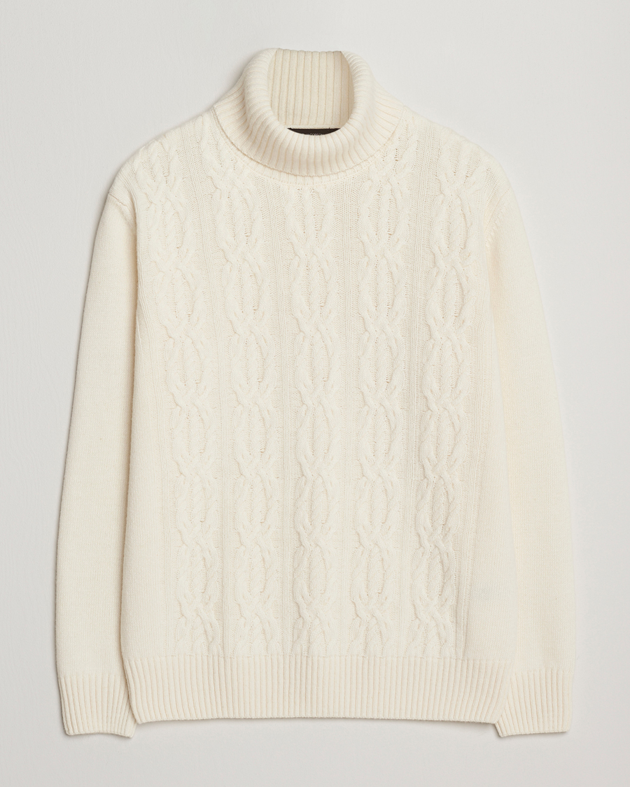 Herr | Tröjor | Oscar Jacobson | Heavy Knitted Wool/Cashmere Cable Polo White