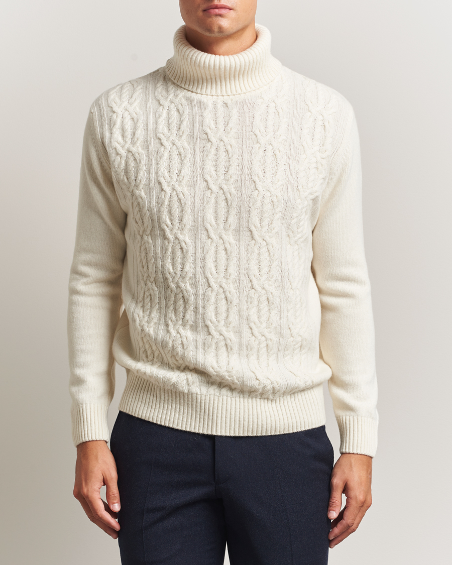 Herr | Tröjor | Oscar Jacobson | Heavy Knitted Wool/Cashmere Cable Polo White