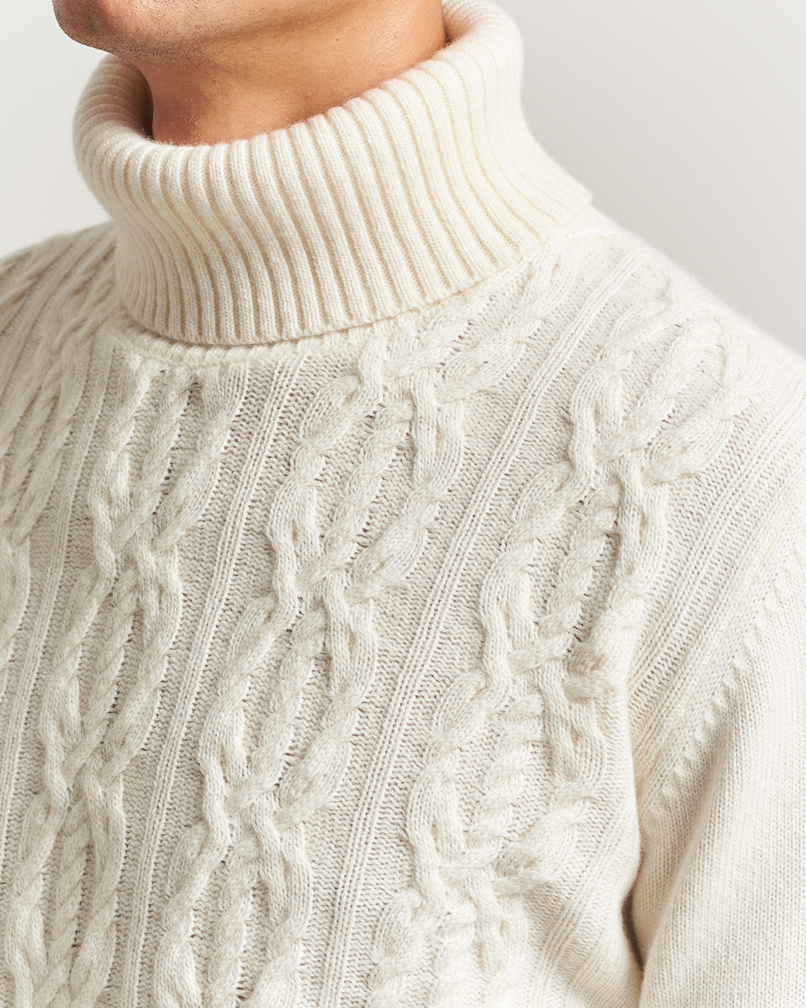 Herr | Tröjor | Oscar Jacobson | Heavy Knitted Wool/Cashmere Cable Polo White