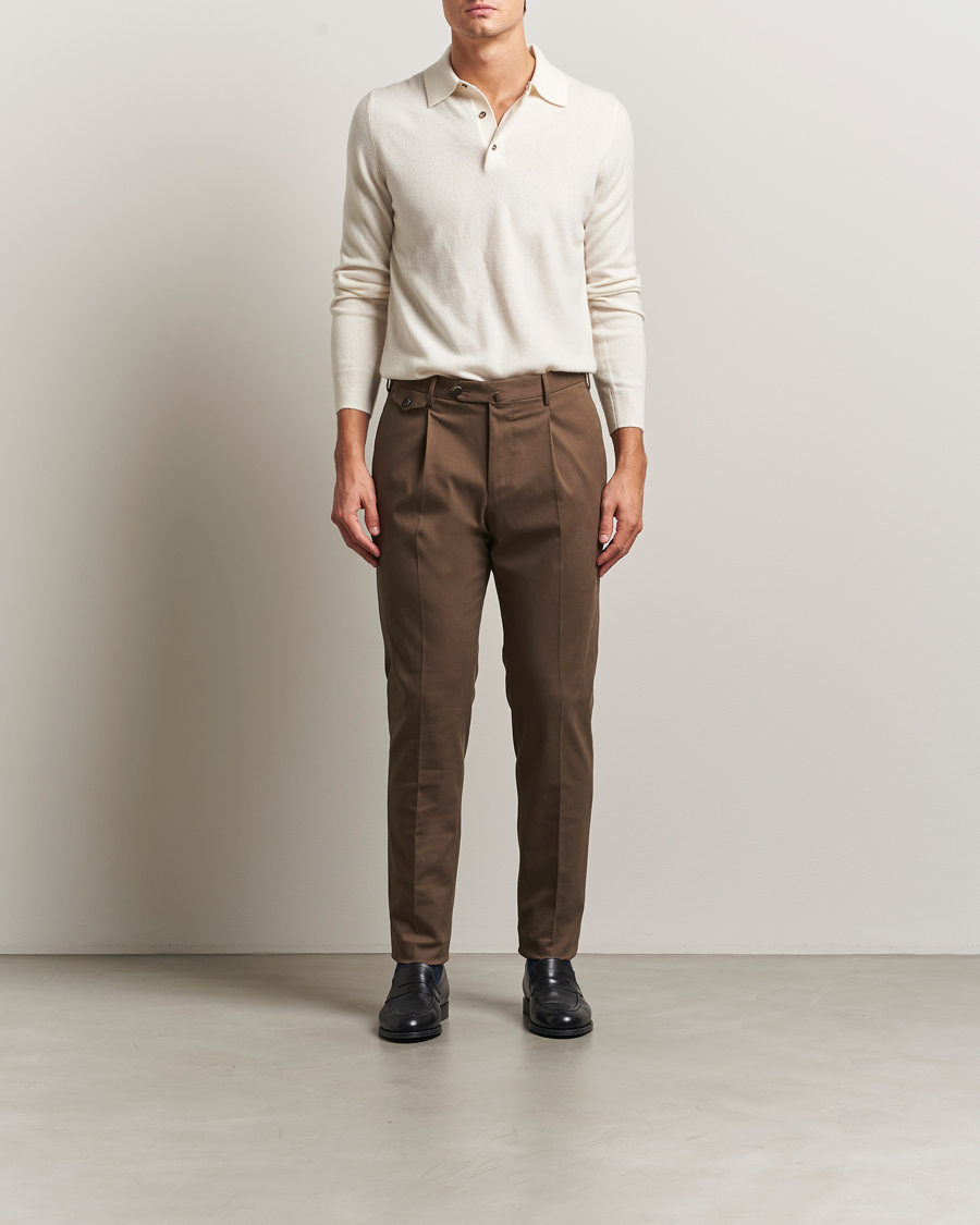 Herr | Byxor | PT01 | Slim Fit Pleated Cotton/Cashmere Trousers Dark Brown