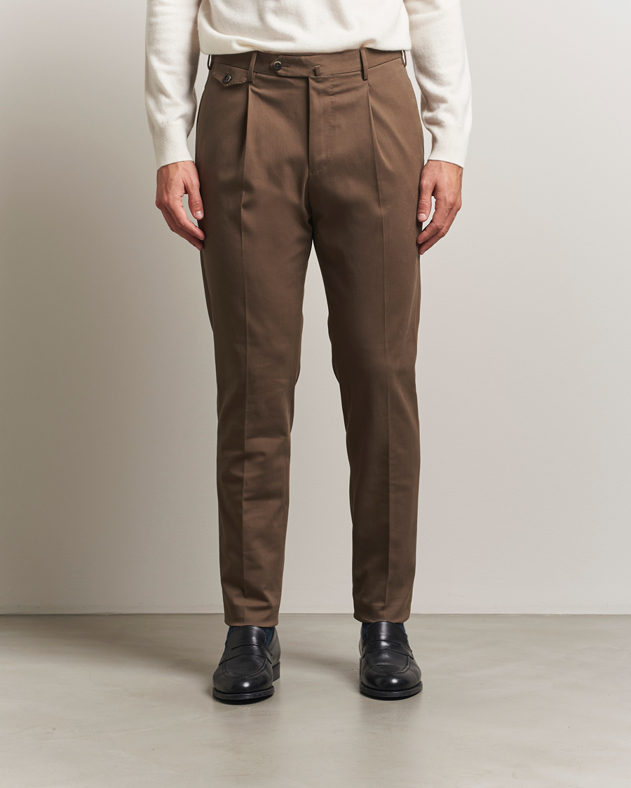 Herr | Byxor | PT01 | Slim Fit Pleated Cotton/Cashmere Trousers Dark Brown