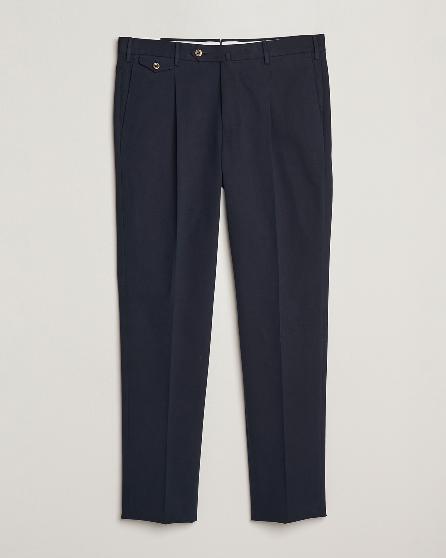 Herr | Byxor | PT01 | Slim Fit Pleated Cotton/Cashmere Trousers Navy