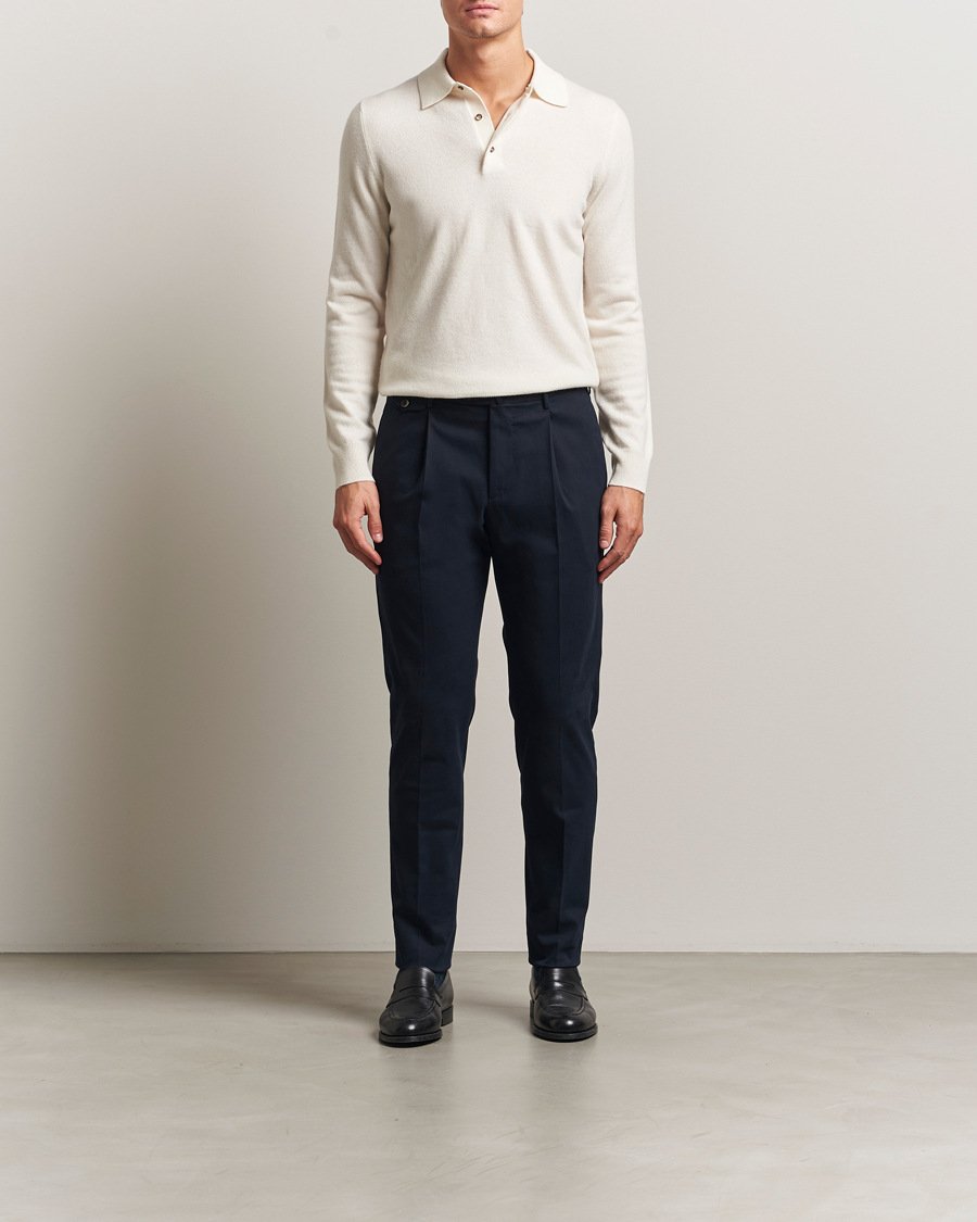 Herr | Byxor | PT01 | Slim Fit Pleated Cotton/Cashmere Trousers Navy