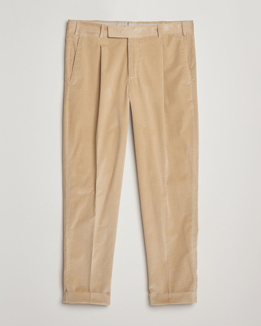 Herr | Byxor | PT01 | Slim Fit Pleated Corduroy Trousers Light Beige