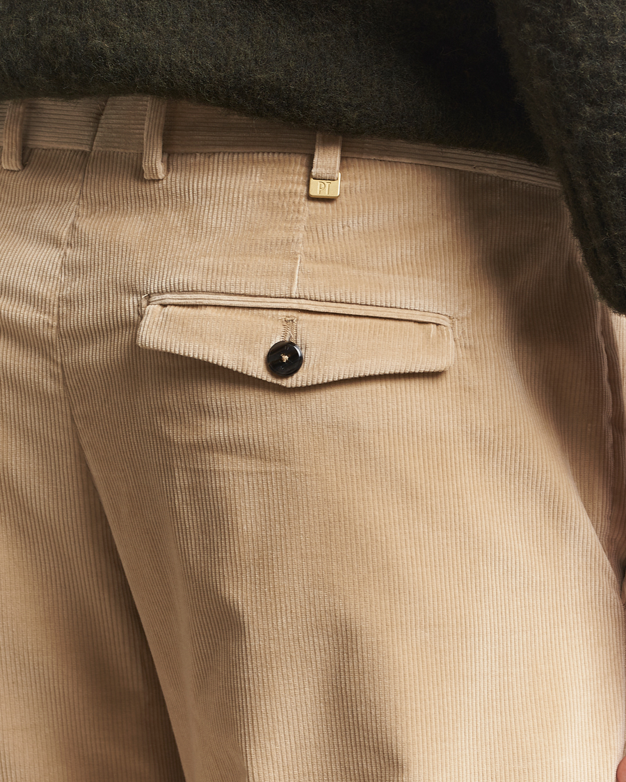 Herr | Byxor | PT01 | Slim Fit Pleated Corduroy Trousers Light Beige