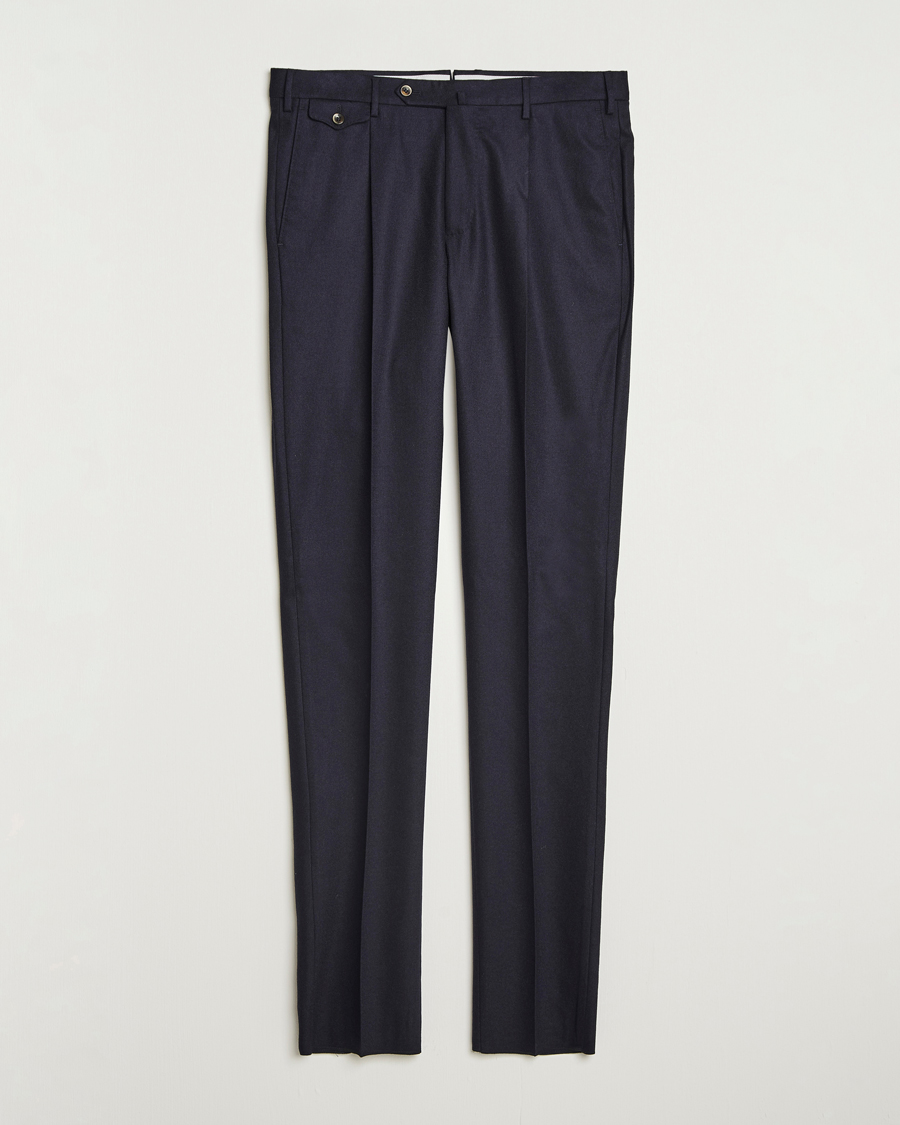 Herr | Byxor | PT01 | Slim Fit Pleated Wool/Cashmere Trousers Navy
