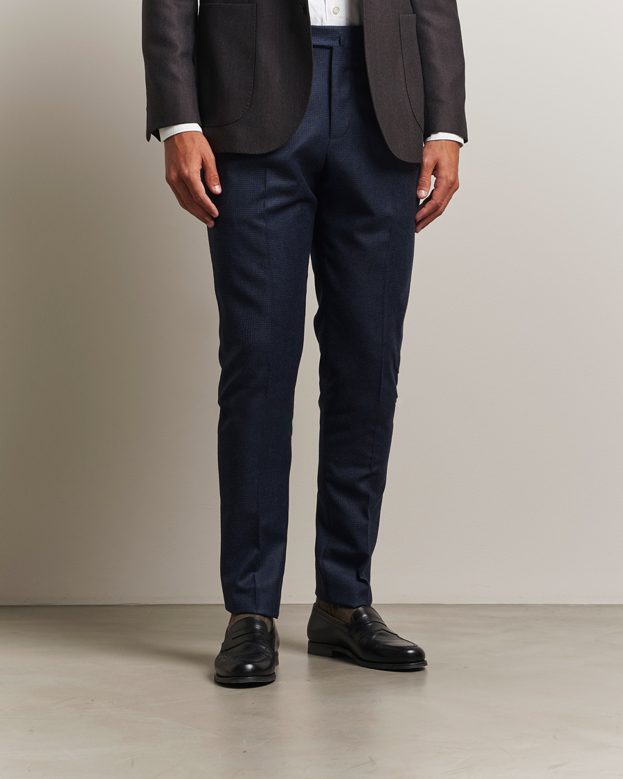 Herr | Byxor | PT01 | Gentleman Fit Pleated Houndstooth Flannel Trousers Navy