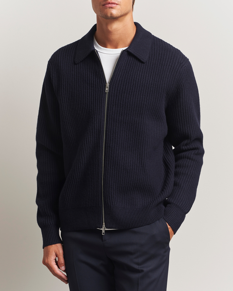 Herr | Tröjor | Filippa K | Ribbed Wool Full Zip Cardigan Navy