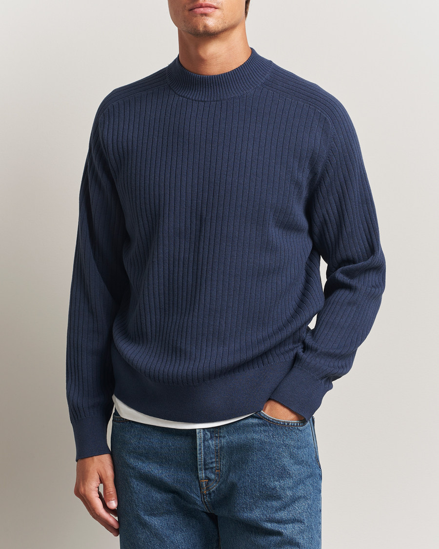 Herr | Tröjor | Filippa K | Cotton Merino Knitted Mock Neck Sweater Dusk Blue