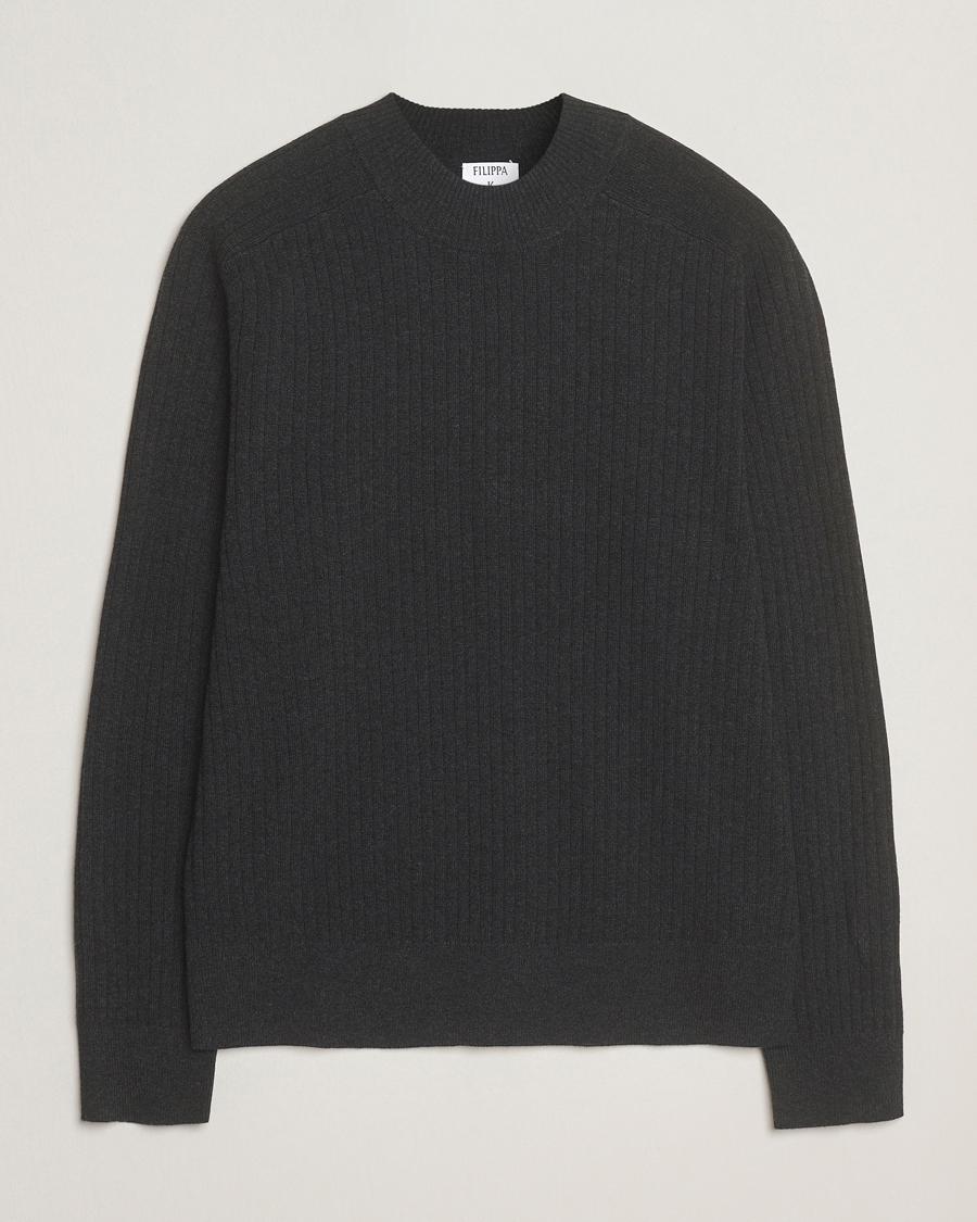 Herr | Tröjor | Filippa K | Cotton Merino Knitted Mock Neck Sweater Anthracite Melange