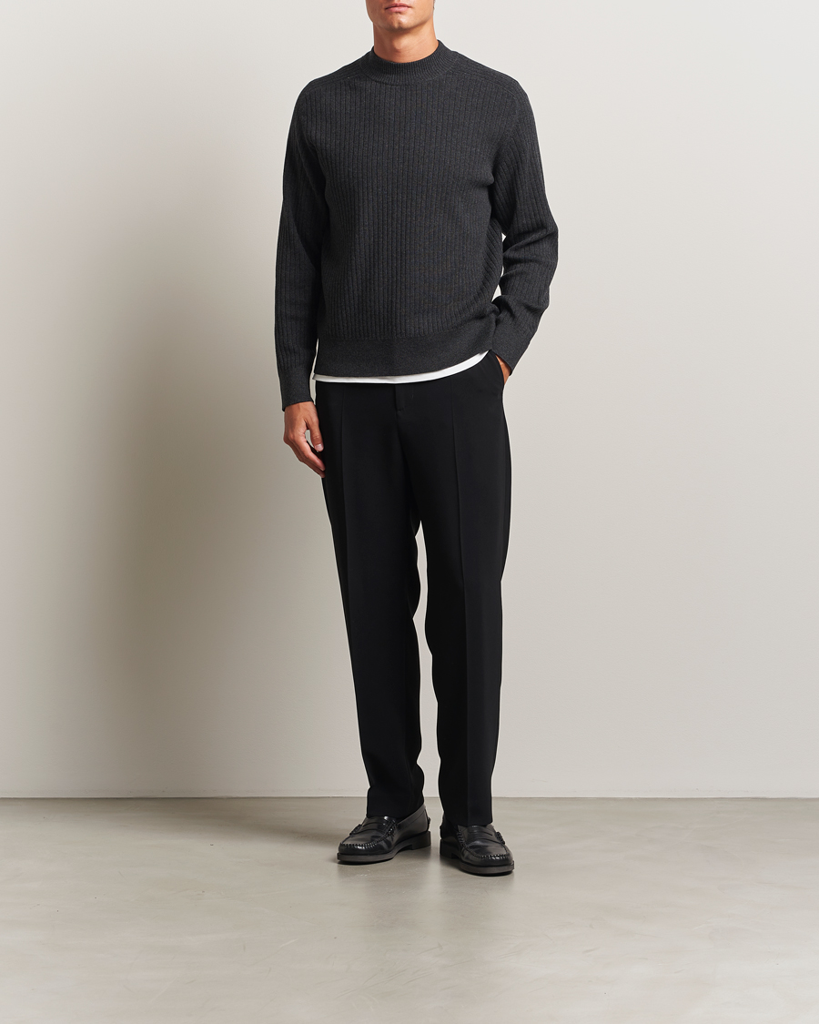 Herr | Tröjor | Filippa K | Cotton Merino Knitted Mock Neck Sweater Anthracite Melange
