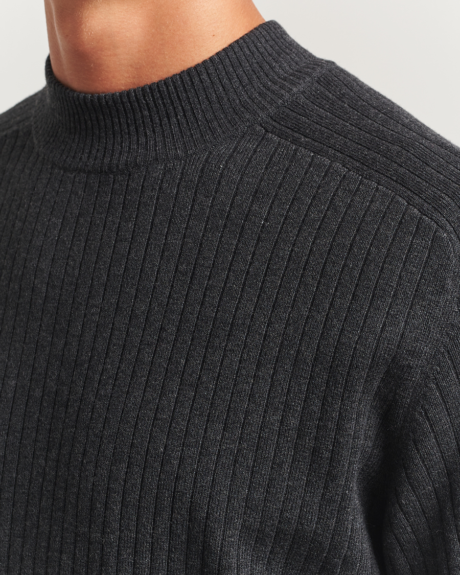 Herr | Tröjor | Filippa K | Cotton Merino Knitted Mock Neck Sweater Anthracite Melange