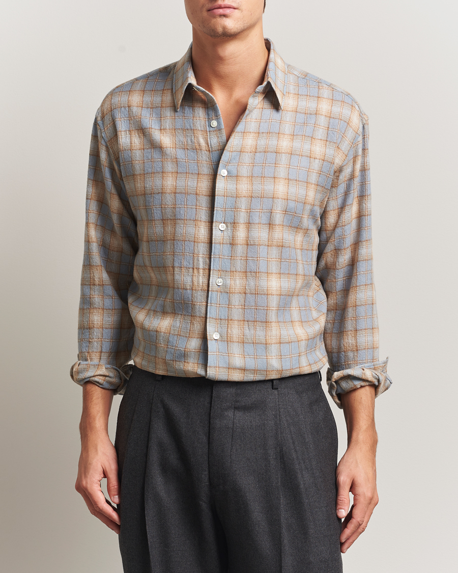 Herr | Skjortor | Auralee | Airy Wool Check Shirt Blue/Beige