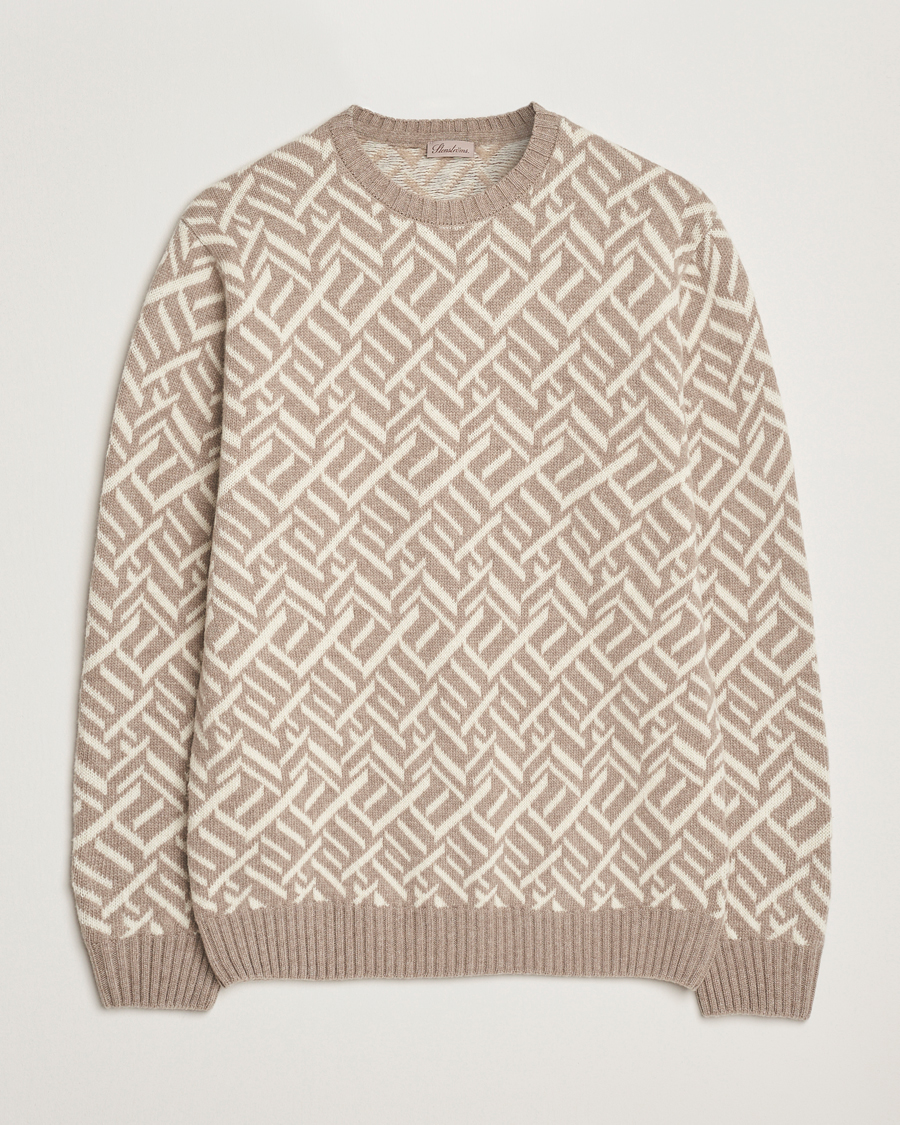 Herr | Tröjor | Stenströms | Brushed Merino Vintage Pattern Crew Neck White/Brown