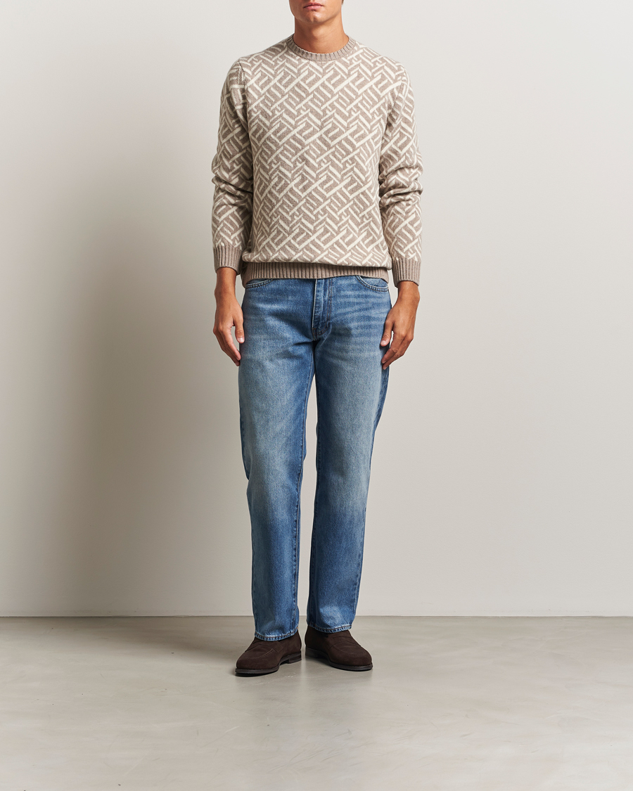 Herr | Tröjor | Stenströms | Brushed Merino Vintage Pattern Crew Neck White/Brown