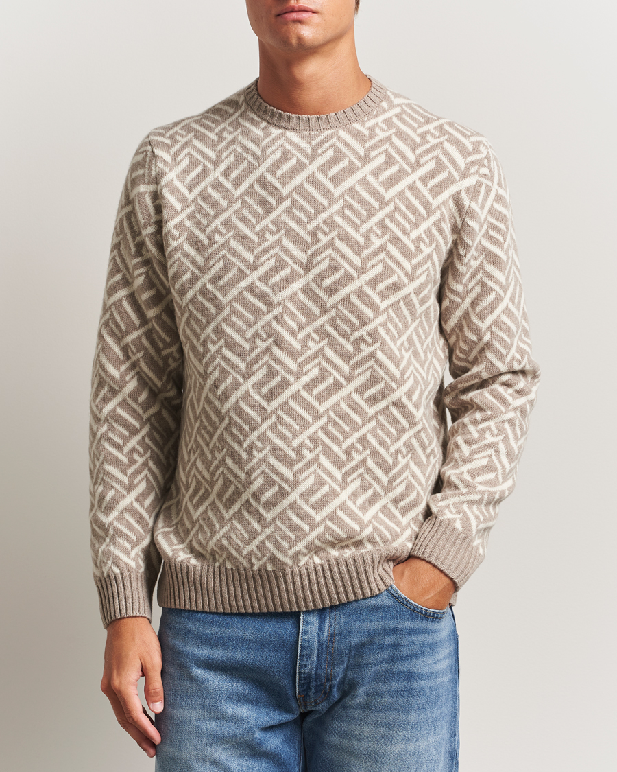 Herr | Tröjor | Stenströms | Brushed Merino Vintage Pattern Crew Neck White/Brown