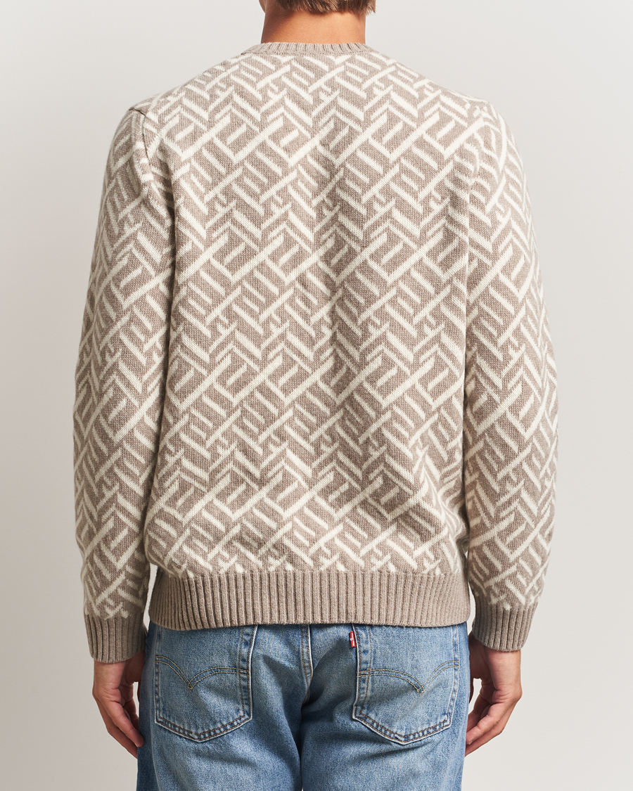 Herr | Tröjor | Stenströms | Brushed Merino Vintage Pattern Crew Neck White/Brown