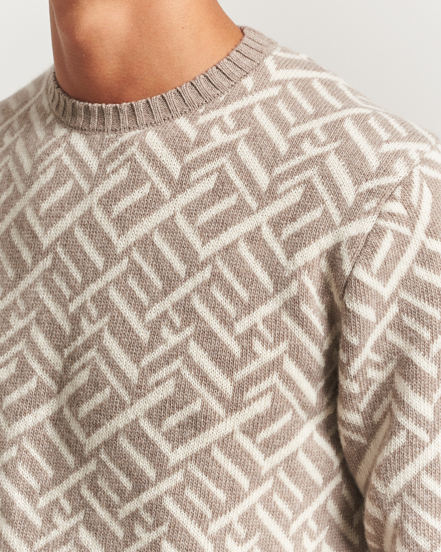 Herr | Tröjor | Stenströms | Brushed Merino Vintage Pattern Crew Neck White/Brown