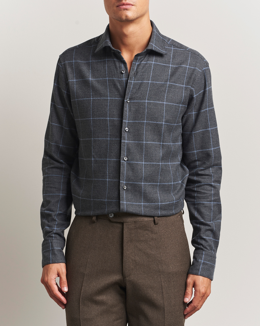 Herr | Skjortor | Stenströms | Regular Fit Overcheck Flannel Shirt Dark Grey