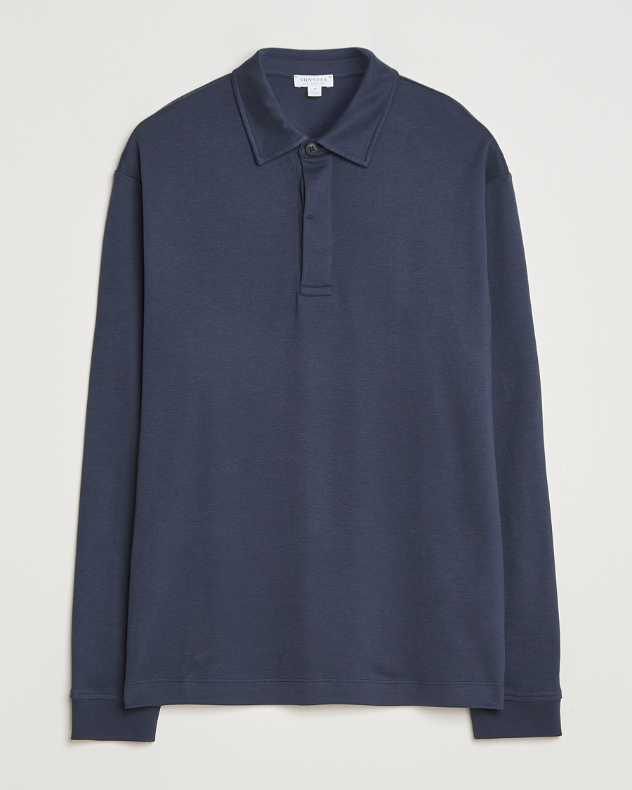 Herr | Pikéer | Sunspel | Heavy Weight Supima Cotton Long Sleeve Polo Navy