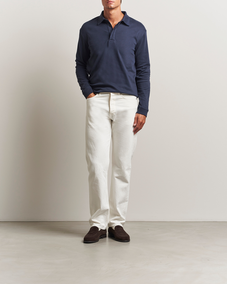 Herr | Pikéer | Sunspel | Heavy Weight Supima Cotton Long Sleeve Polo Navy